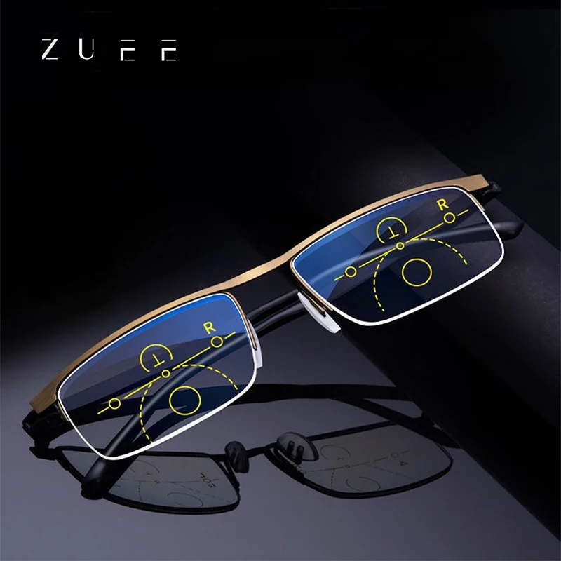 

ZUEE Men's Progressive Multifocal Reading Glasses Business Anti-Blue Light Glasses Half Frame Metal Alloy Frame 1.0 1.5 2.5 4.0