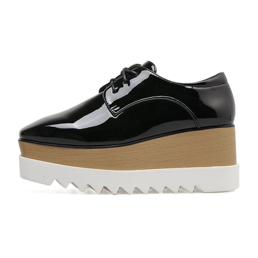 In The Spring And Autumn Of 2023, The New Patent Leather Square Head Lace-Up With Thick Bottom Increased Casual Shoes For Women.