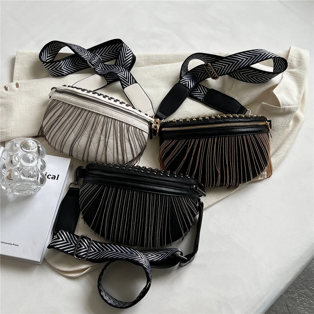 Фото Hifashion Широкий ремешок Кисточка Грудь Crossbody Сумки для женщин 2022 Шипованный Роскошный дизайнер Большой емкости Женская талия Fanny Pack №5
