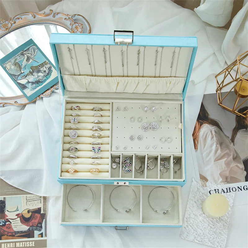 QM New 2-layers Jewelry Organizer Necklace Earrings Rings Jewelry Box Waterproof Dustproof  Packaging Large Capacity Storage