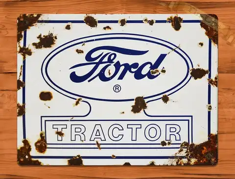 Жестяной знак и трактор Ford и белый деревенский фермерский сарай фотомотоцикл гараж домашний декор