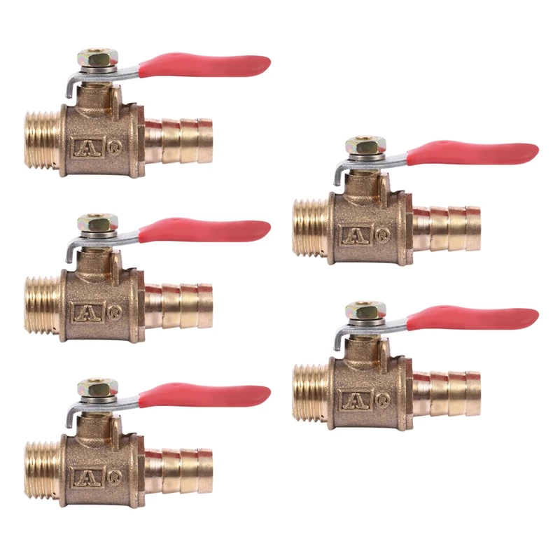 

5 Pcs 10Mm X 1/4 Inch PT Male Thread Full Port Lever Handle Hose Barb Brass Ball Valve