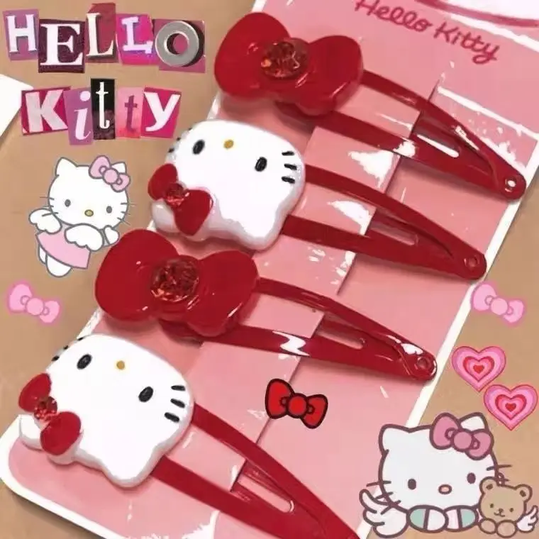 New Cute Anime Hello Kitty Vintage Red Hair Clip Cartoon Girls Children Bang Clip Edge Clip Japanese Korean Clip Head Decoration