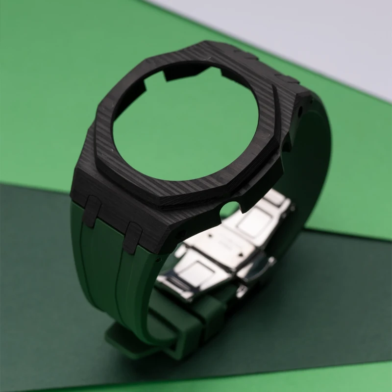 For Casioak GA2100 Carbon Fiber Mod Kit Metal Luxury Wristband Modified Watch Strap Case+Rubber Strap GA2110 GAB2100