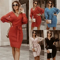 lace long sleeve womens dress new fashion spring and autumn knitting short dress with belt slim club party mini dress for mom