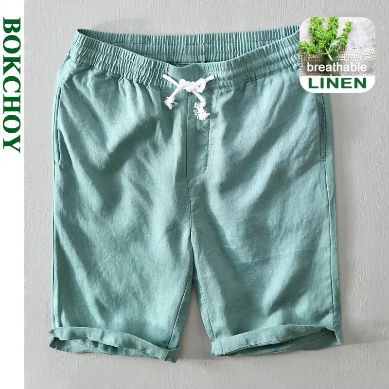

2023 Summer New Simple 100% Linen Shorts for Men Clothing Breathable Slim Elastic Waist Men Pants B0806