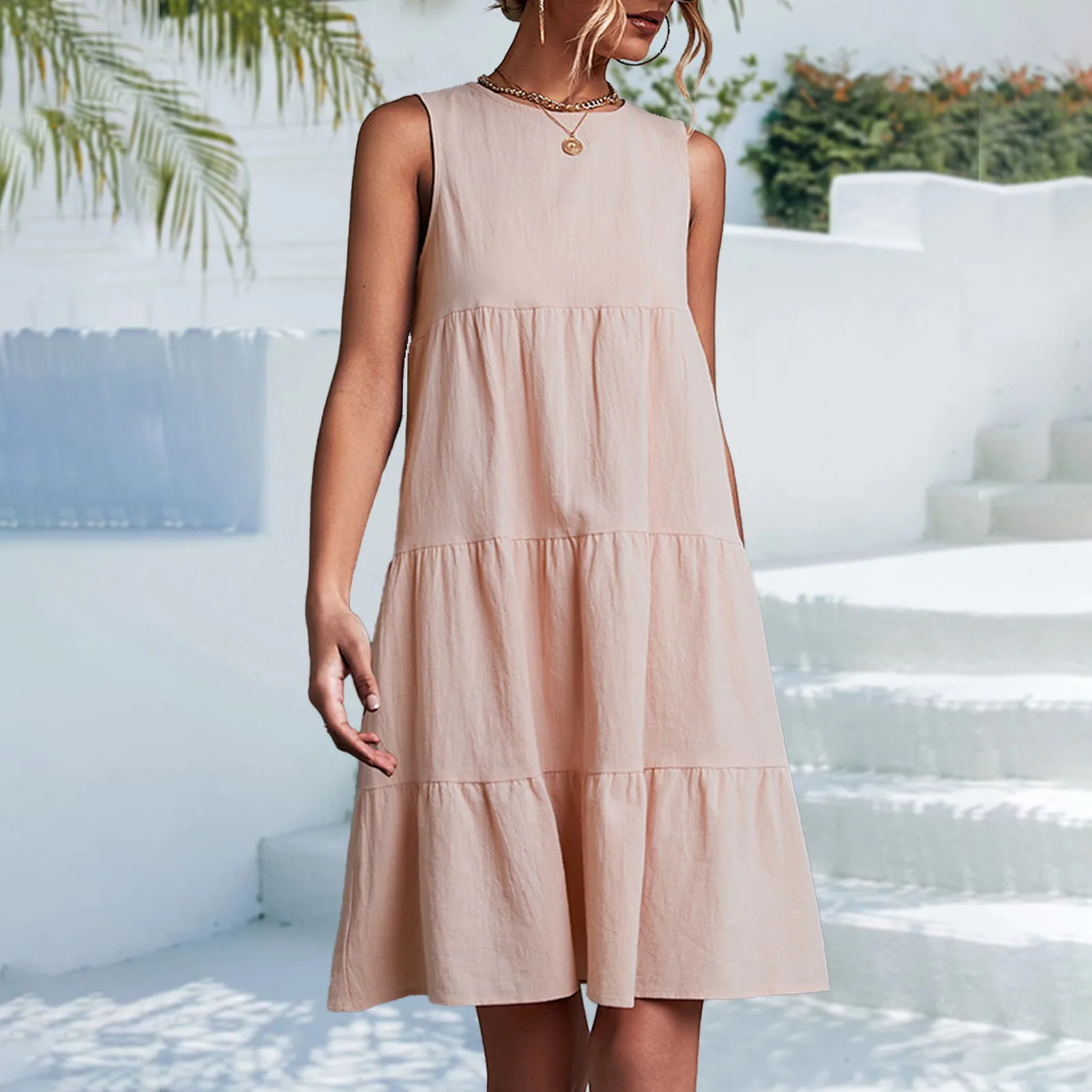 

Модные женские платья-миди 2023, Элегантное повседневное платье, женское однотонное платье без рукавов с прострочкой, свободное платье на бретелях с круглым вырезом