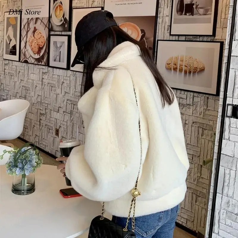 DIMI Ladies Faux Fur Coats Rabbit Fur White Pink Jacket for Women Women's Winter Fur Coat Loose Casual Thick Warm Short