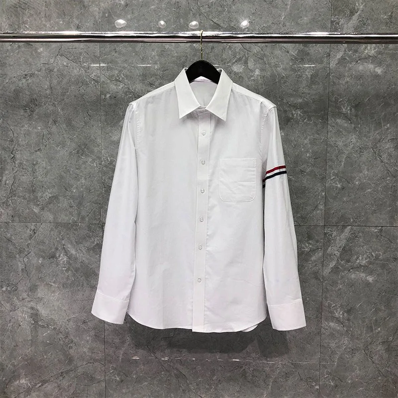 TB THOM Men's Shirt White Fashion Top Brand Striped Armband Casual Oxford Fine Cotton Long Sleeve High Quality Women's Shirts
