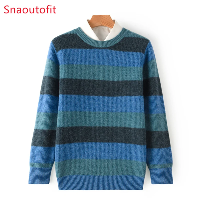 Light Luxury Business Men's Top Autumn Winter Warm Wool Knitt Sweater O-neck Stripe Urban Casual Pullover Loose Dad Formal Wear