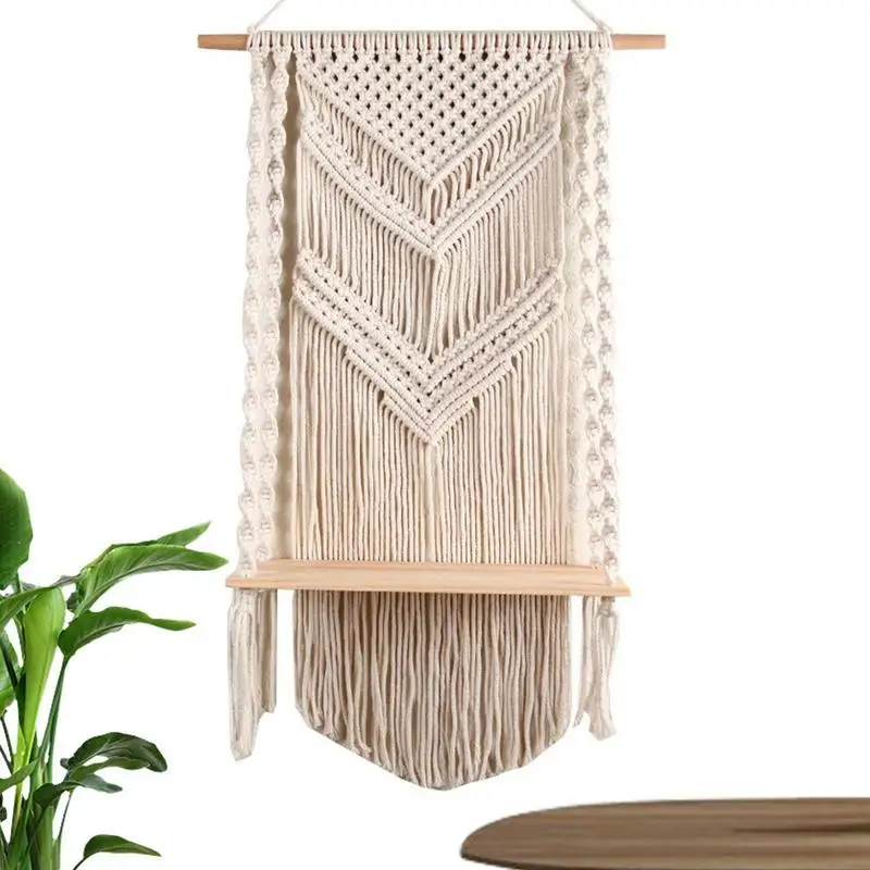 

Boho Wall Hanging Shelf Macrame Rustic Wood Wall Shelves With Handmade Woven Hanger 17.3x31.5inch Chic Tassels Pendant Bohemian