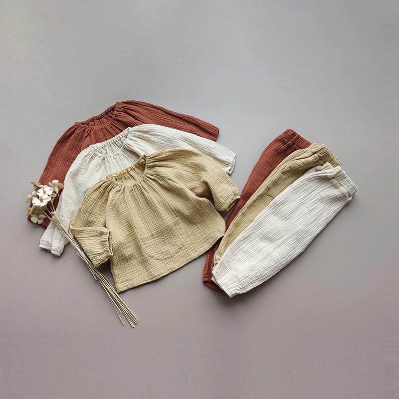 

Kids Pajamas Sets 2pcs Solid Linen Cotton Long Sleeve Autumn Children Clothes Set Toddler Girl Fall Sleepwear for Girls