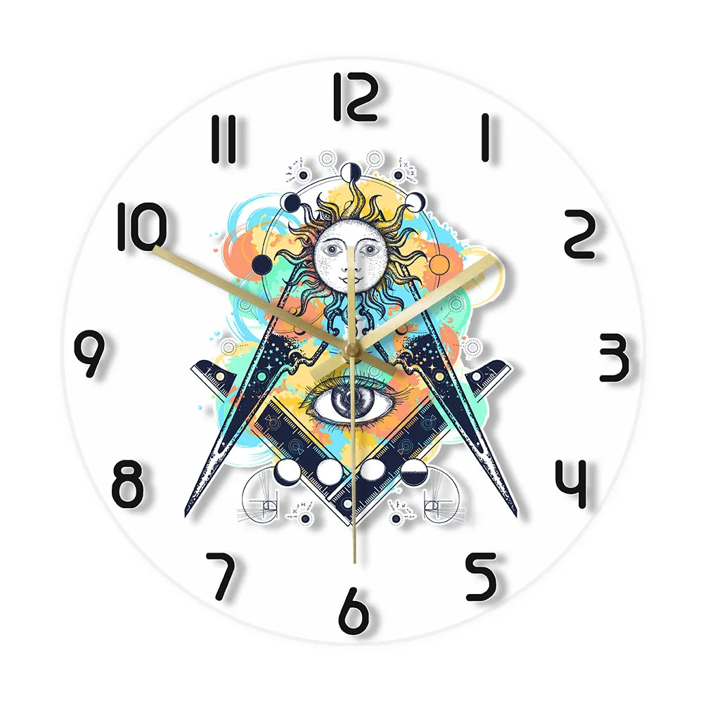 

Masonic Symbol Watercolor Splashes Printed Wall Clock Occultism Home Decor All Seeing Eye Manson Tansparent Acrylic Clock Watch