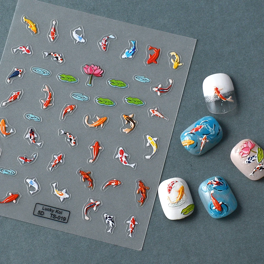 

Lucky Koi Fish Lotus 5D Nail Slider Decals Vivid Embossed Tape Sticker Manicure Tips TS-019