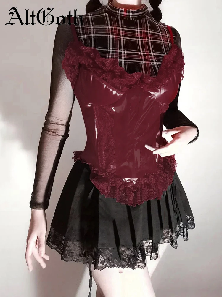 

AltGoth Emo Alt Gothic Pu Camis Women Vintage Harajuku Grunge Lace Patchwork Vest Streetwear Y2k Mall Goth Leather Crop Tank Top