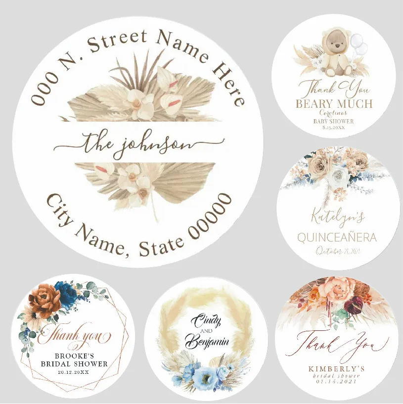 Personalized wedding stickers, pampas reed seal labels, custom birthday baptism seal stickers, party decoration supplies