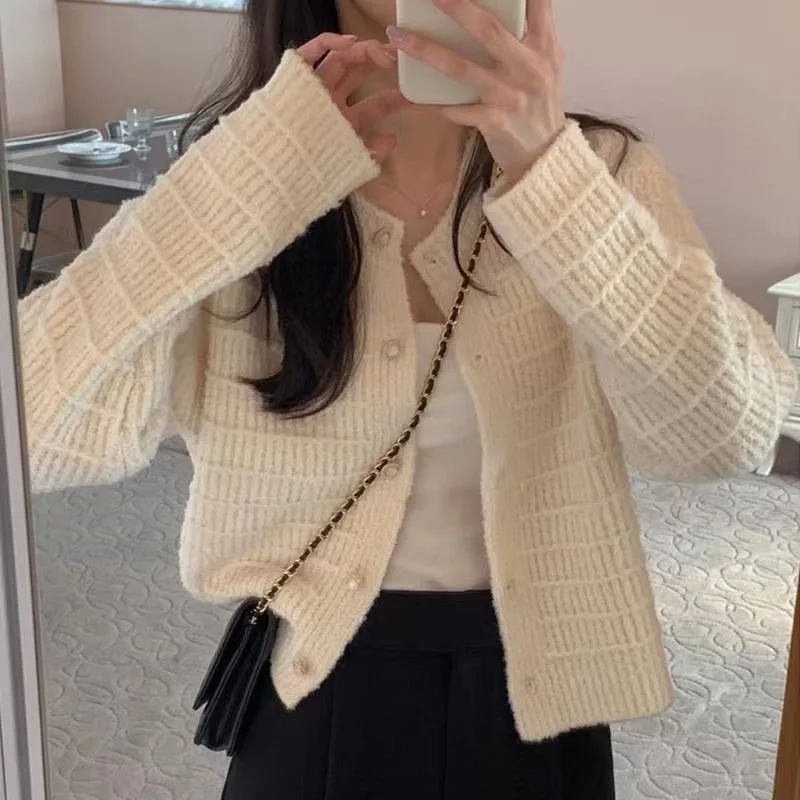 

Cardigan Temperament Sweater Coat Women Autumn and Winter 2023 Solid Long Sleeve O Neck Short Knit Cardigan Sweater Female Top