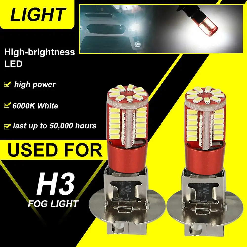 

2 Pcs H3 57-smd Led Fog Lights Bulbs Drl Replacement Car Driving Lamp Dc 12v 6000k White 360 Degrees Lighting