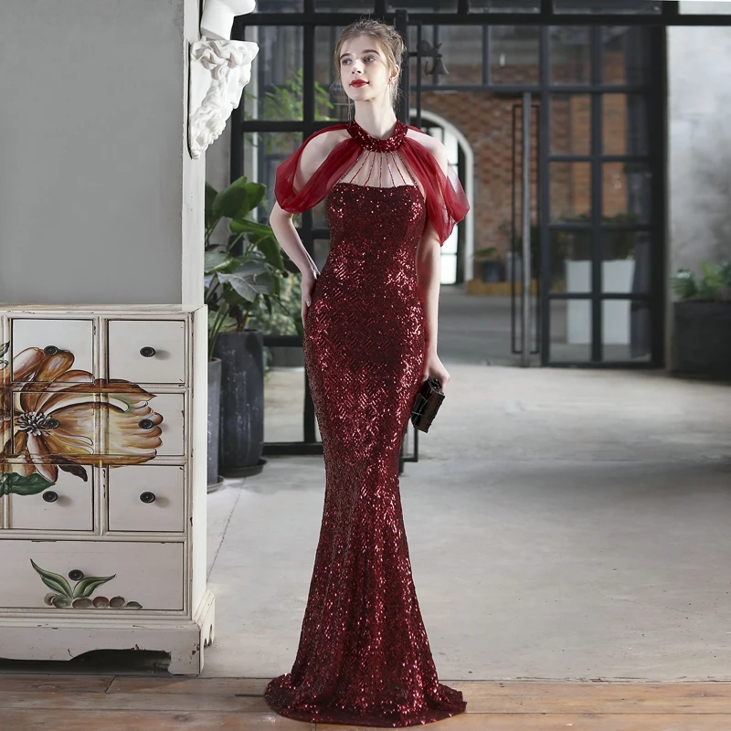 

Aoottii Elegant Halter Neck Evening Dress Burgundy Sequin Dress Beads Dress For Women Party Long Prom Dress