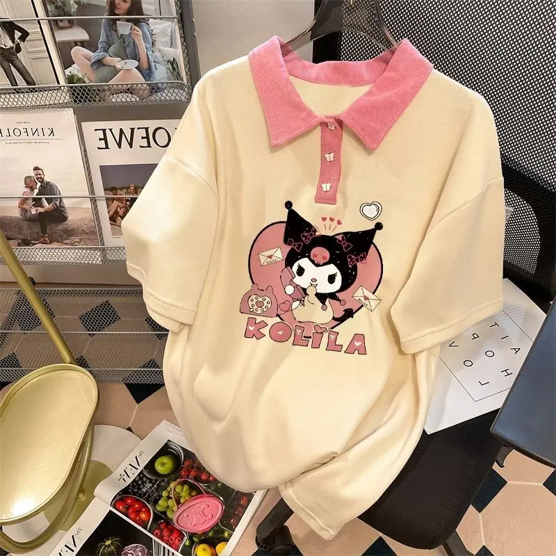 

Kawaii Sanriod аниме хобби Hello Kittys Kuromi футболка с коротким рукавом для девочек Поло рубашка летние свободные Детские с отворотом и коротким рукавом