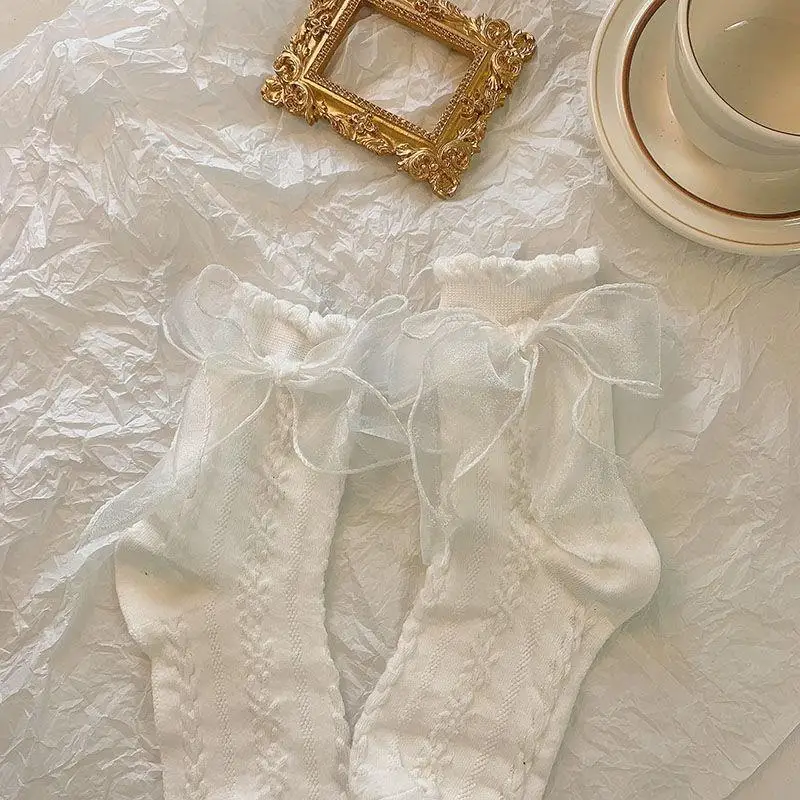 5 Pairs Lolita Socks White Bow Lace Socks Middle Tube Japanese College Style Princess Socks Sweet JK Streetwear Hosiery