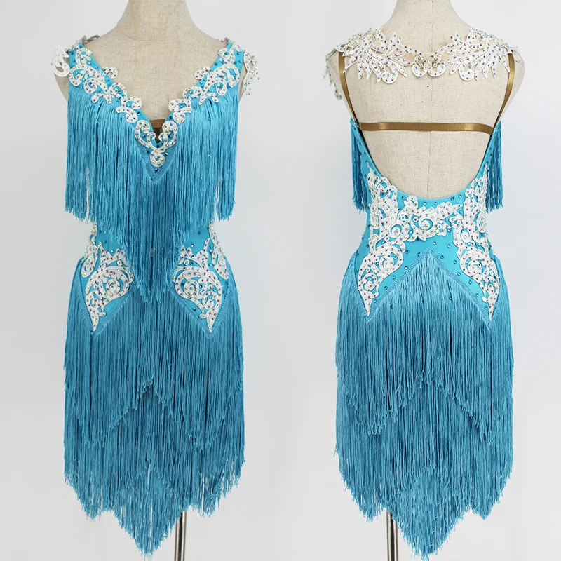 

2022 Latin Dance Costume Women Girls Lake Blue Fringe Dress Rhinestone Competition Clothes Cha Cha Rumba Dancing Dress BL8058
