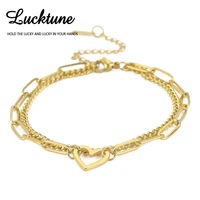 lucktune heart charms bracelets for women stainless steel gold color layered chain bracelet fashion couple jewelry party gifts