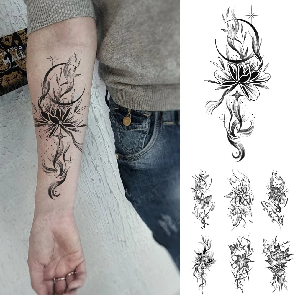 

Black Henna Waterproof Temporary Tattoo Sticker Peony Lotus Moon Flower Women Body Art Fox Snake Arm Tatoo Fake Tattoos Men