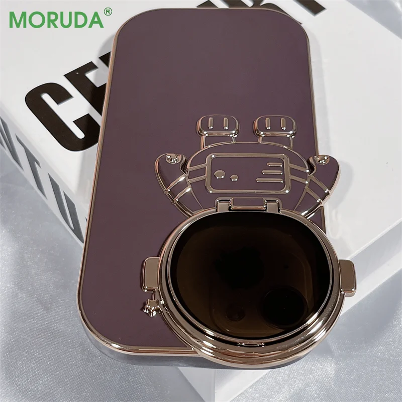 

Luxury Astronaut Lens Protection Flip Bracket Phone Case for iPhone 14 12 11 13 Pro Max XR 13 14Plus Plating Silicone Soft Cover