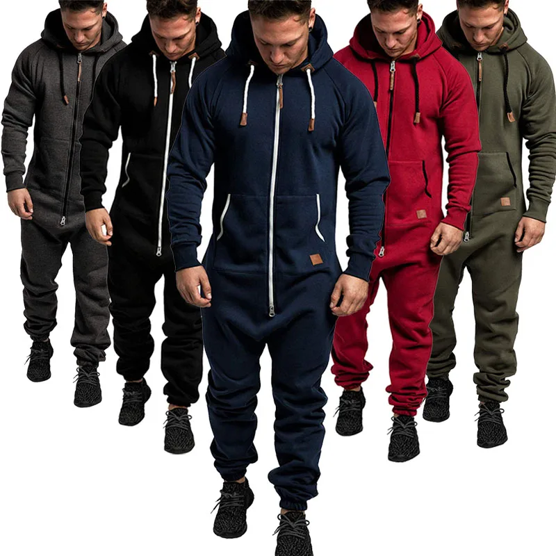 

2022 Hoodies Overalls Men Solid Color Zipper Jumpsuit Long Sleeve Male Clothes Autumn Winter Warm Men's Jumpsuits Pajama Men Set
