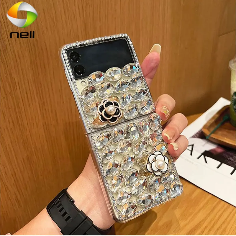 

Роскошный блестящий чехол для телефона со стразами и кристаллами для Samsung Galaxy Z Flip 5 4 3, прозрачный жесткий чехол-накладка из поликарбоната с жемчужиной камелии «сделай сам»