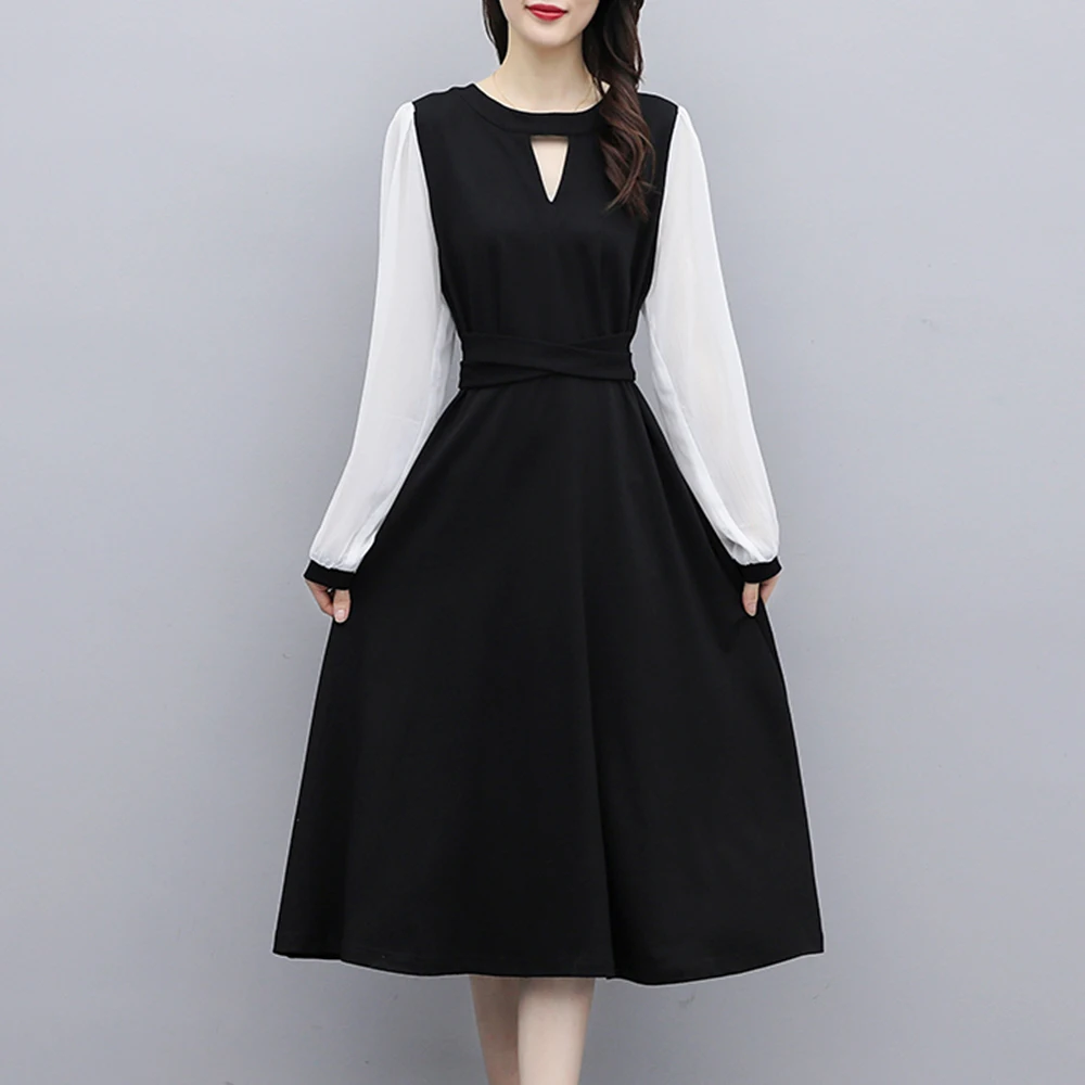 

Dresses Ladies Elegant Hollow Out Patchwork Long Sleeve Bottoming Dress Women's Spring French Style Midi Skirt Female Clothing