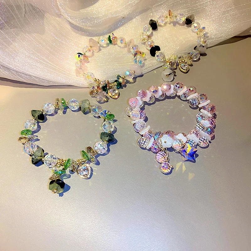 Браслет стразы женский летний с разноцветными кристаллами и сердечками |