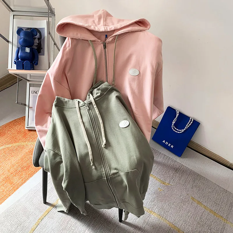 Ader Error Zip Hoodie Sweatshirt Oversized Jacket Spring and Autumn Solid Fashion Pink And Green Couple Cardigan Hooded Coat Top