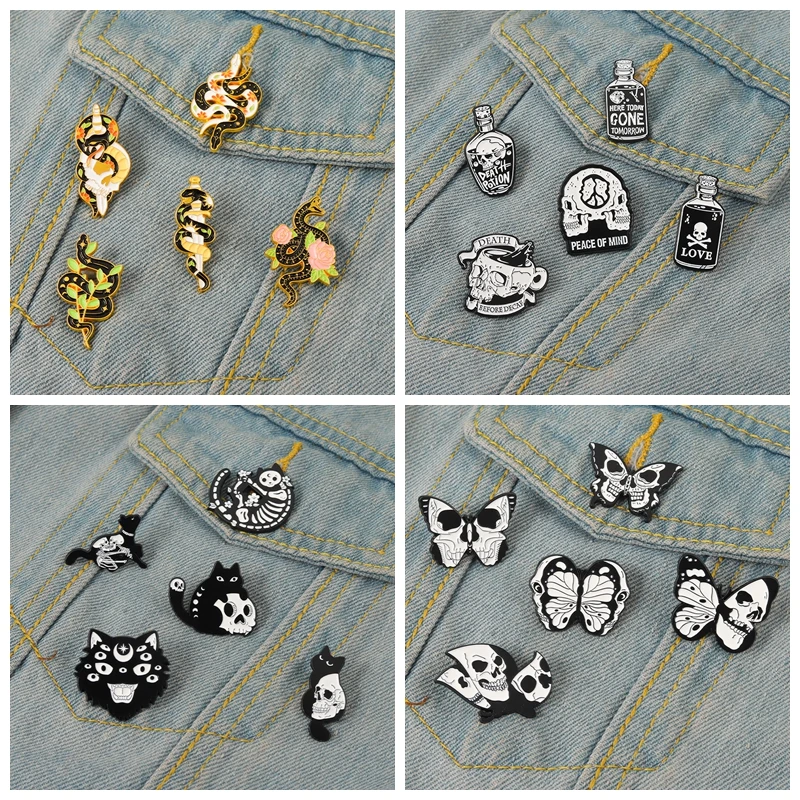

Snake Skeleton Enamel Pin Skull Punk Goth Cat Butterfly 5pcs/Sets Suits Brooches Badge Backpack Gift Friends Jewelry Wholesale