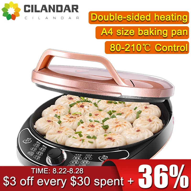 CILANDAR Electric Baking Pan Double-sided Heating Suspension Type Crepe Maker Skillet Pancake Baking Machine Pie Pizza Griddle