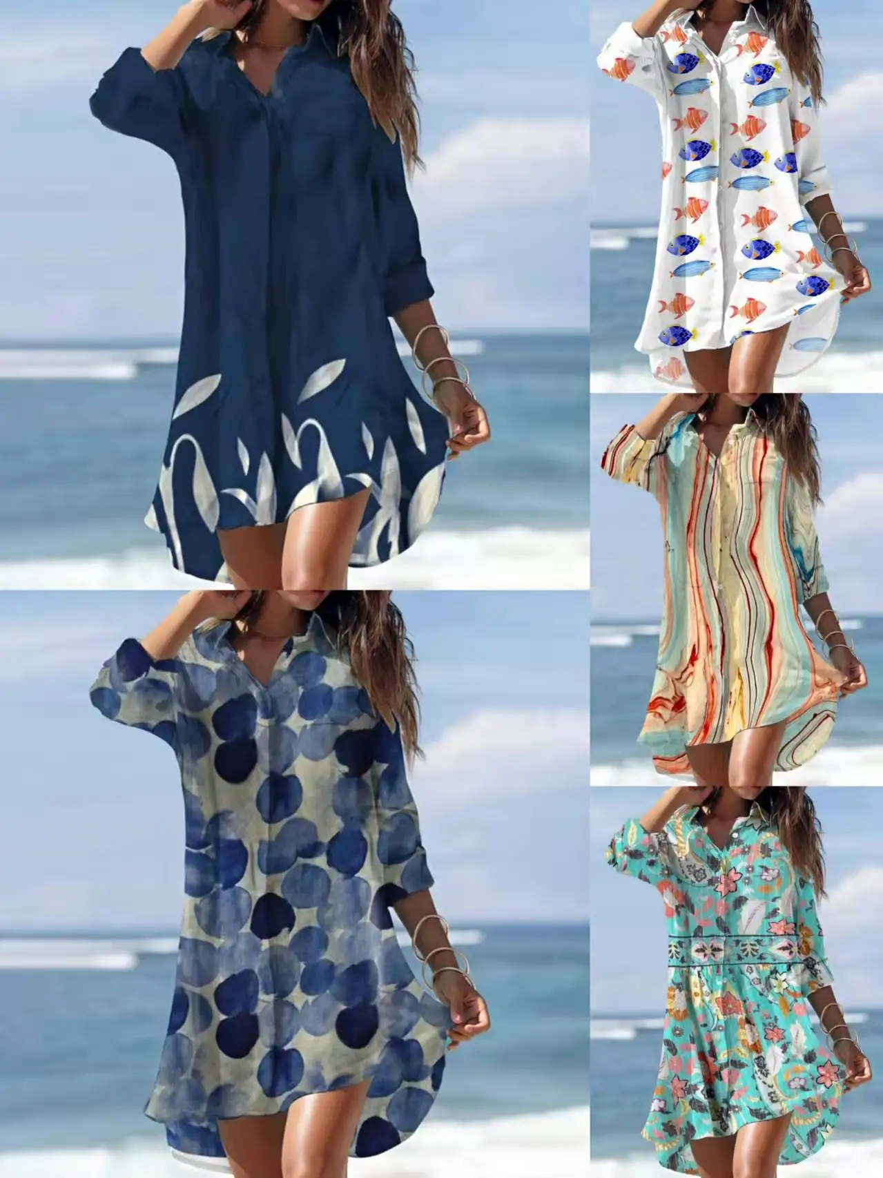 

Fish Striped Print Turn Down Collar Wrap Casual Dress Women Long SLeeve Summer Holiday Mini Dress