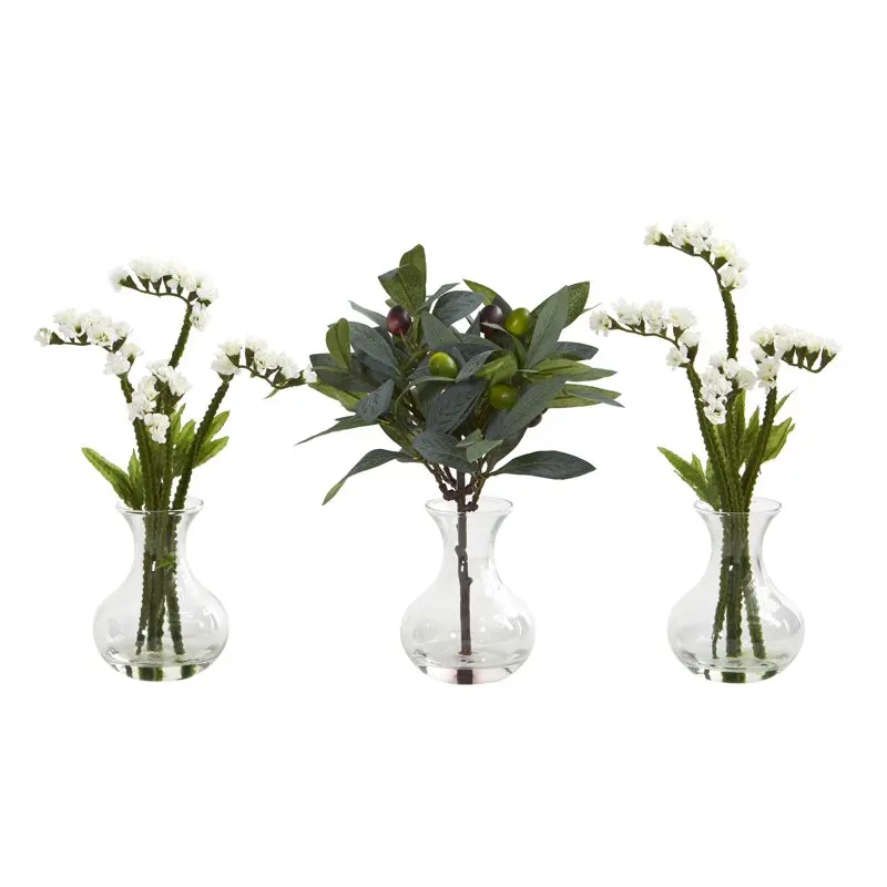 

10in. Breath and Olive Artificial Arrangement in Vase (Set of 3), White Wedding Party Vase Home Autumn Decoration Fake Flower