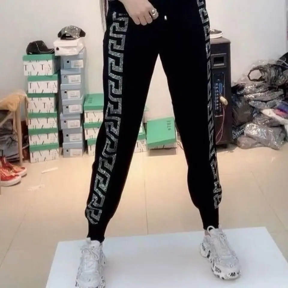 

BLINGBLING Geometric Pattern Hot Drilling Black Casual Sports Pants 2023 New Spring Summer Loose Elastic Waist Knitted Trousers