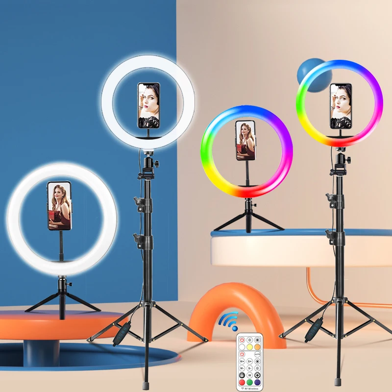 

10in 26cm Selfie Ring Light RGB Tripod Phone Stand Holder Photography RingLight Circle Fill Light Led Color Lamp Trepied Makeup