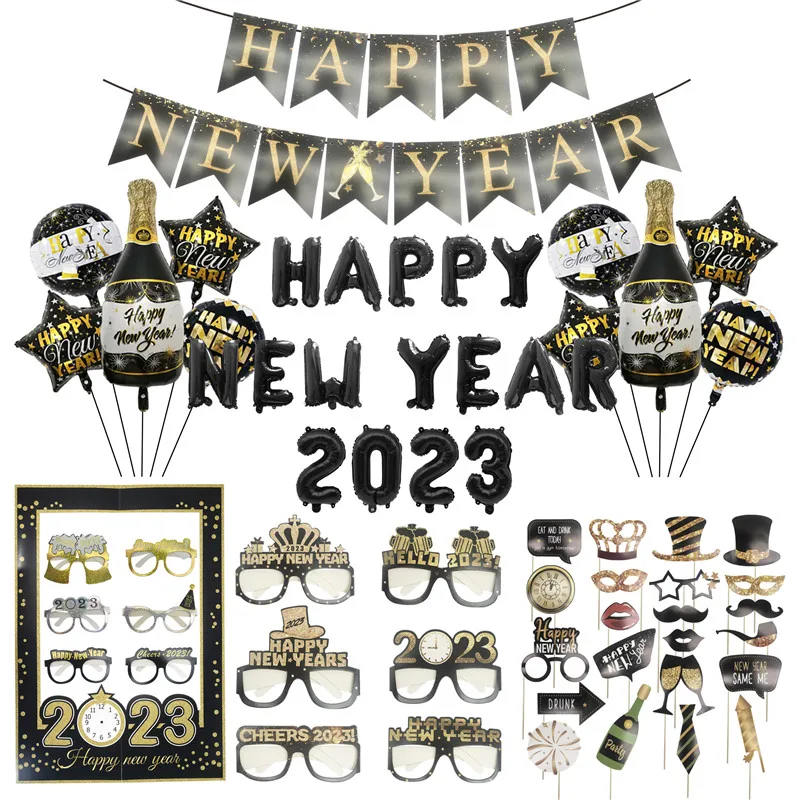 

Black Gold 2023 Happy New Year Party Decoration Balloons Banner Photo Booth Props Frame Paper Glasses New Year Eve Home Supplies