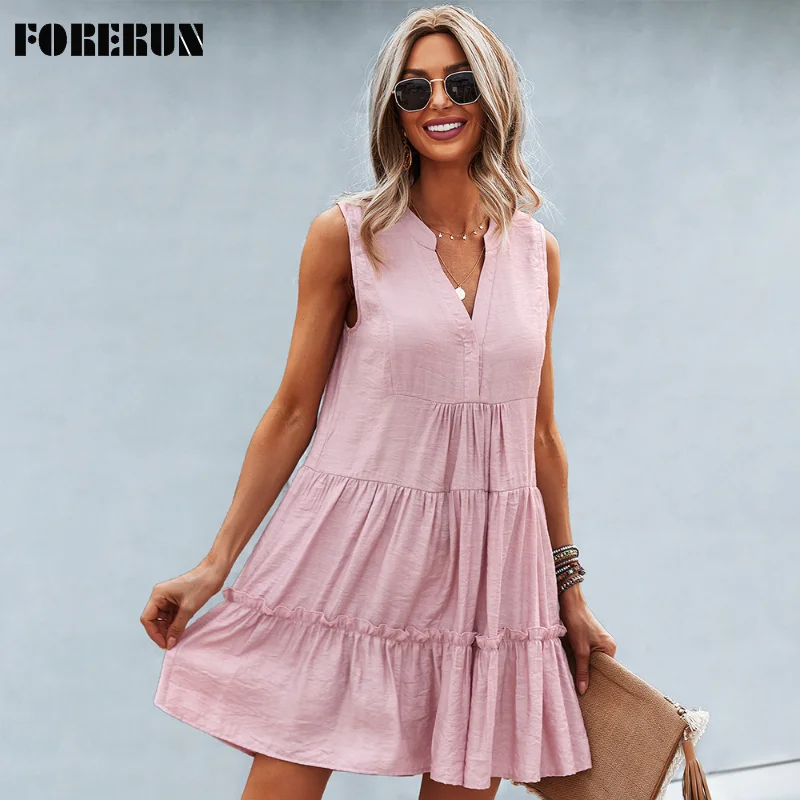 

FORERUN Midi Dresses Women Solid V-Neck Sleeveless Ruffle Summer Simple Boho Robe Femme Vestidos De Mujer Casual