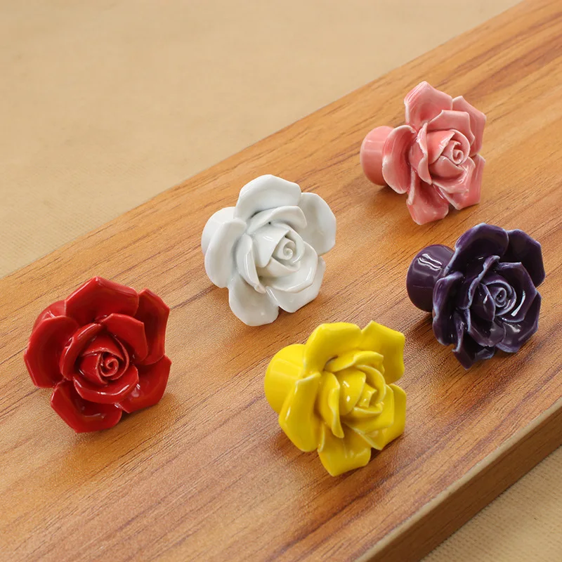 

Rose Ceramic Cabinet Handles for Closet Drawer Cupboard Pulls Bathroom Door Knobs Furniture Kitchen Handle white red purple