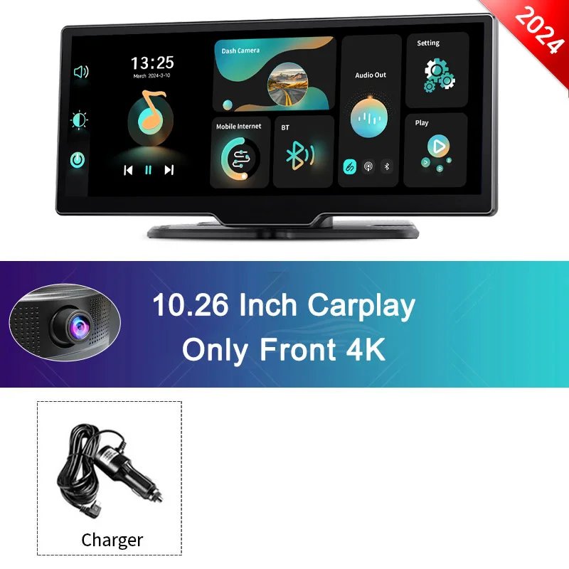 

10,26-дюймовая видеорегистратор, камера заднего вида, Wi-Fi Carplay и Android Auto, 4K DVR, GPS-навигация, видеорегистратор, приборная панель, двойной объектив, FM BT AUX