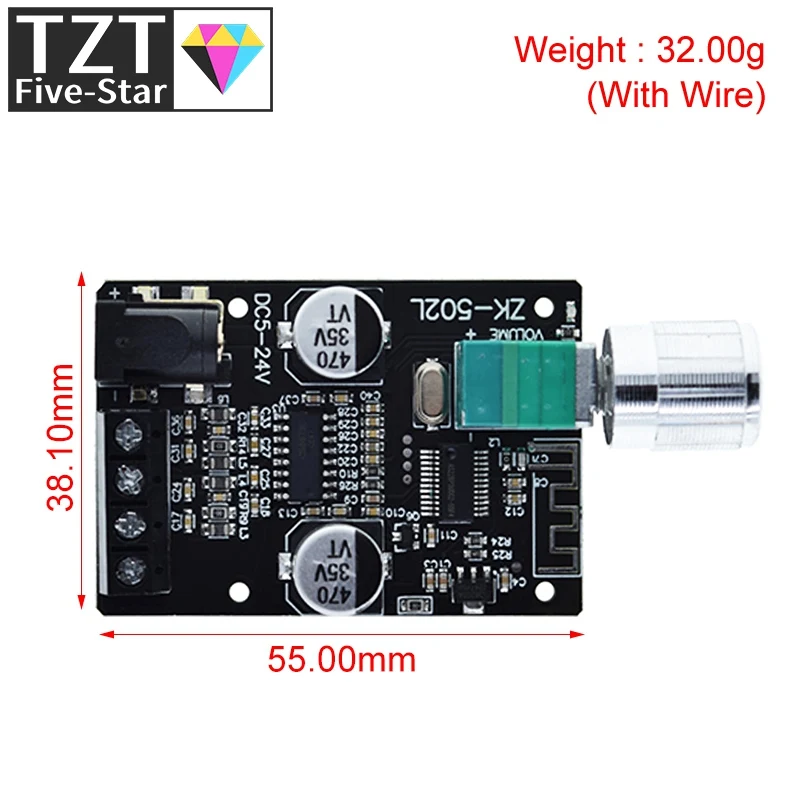 Фото 1/3 шт. ZK-502L MINI Bluetooth 5.0 DC 5-24V Беспроводной цифровой аудиоусилитель мощности, стерео плата 50Wx2, Bluetooth-усилитель №2