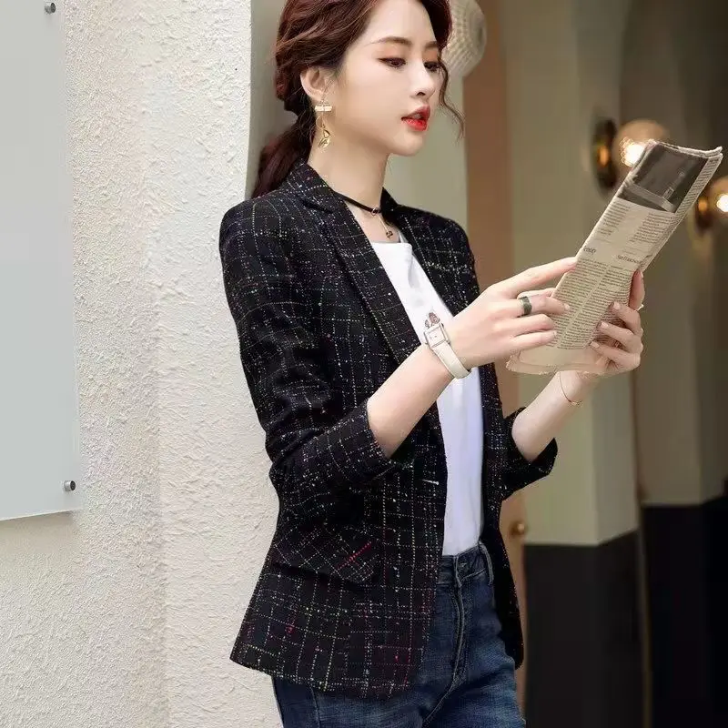 

Button Plaid Pockets Notched Office Lady Blazers Jackets Korean Autumn Fashion Elegant Slim Casual Woman Suit Jacket