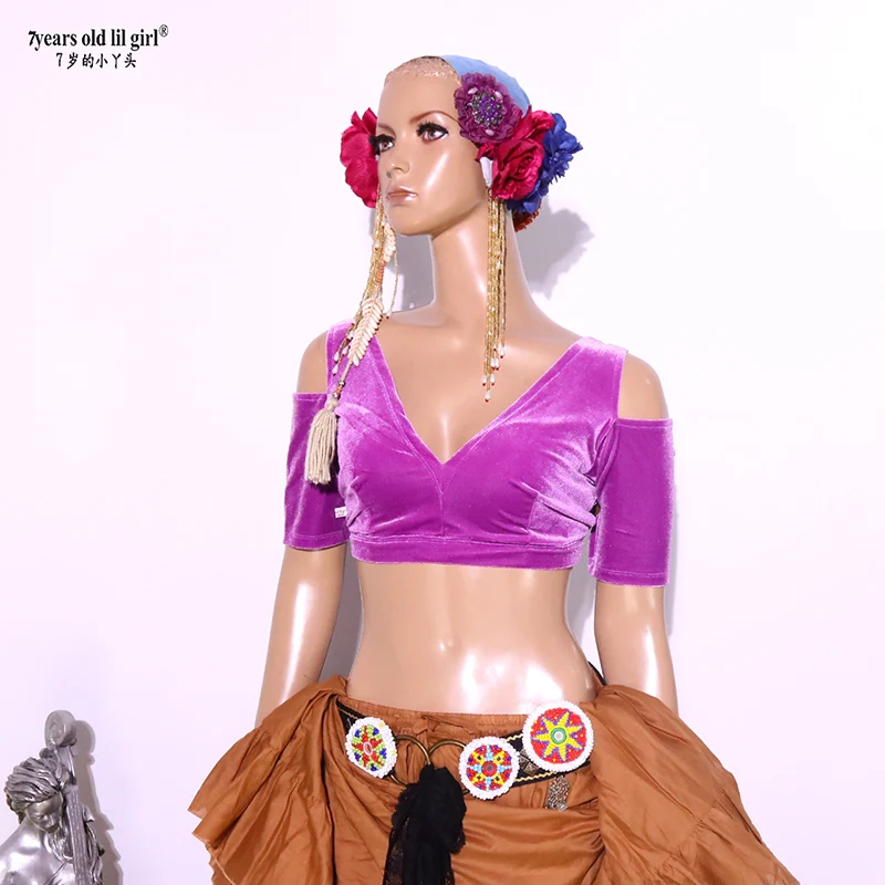 Бархатный костюм для танца живота Fat Chance Tribal Choli с короткими рукавами топ CJJ32