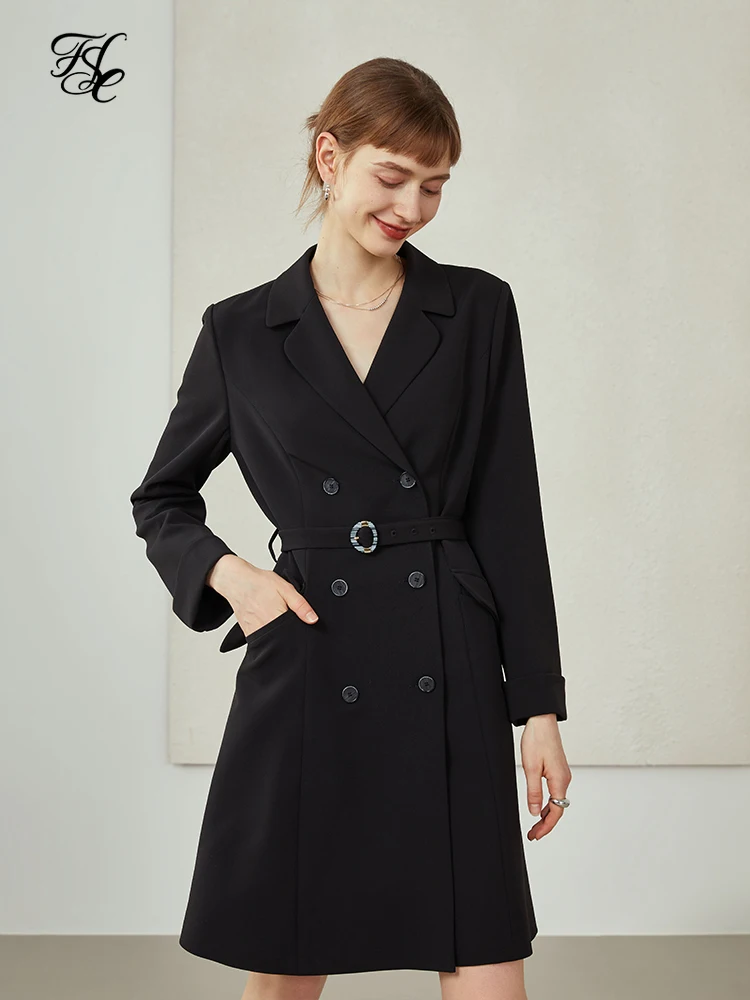 FSLE Office Lady High Waist Black Suit Dress Women's Long Sleeved Autumn Clothes Temperament Thin Professional Dress