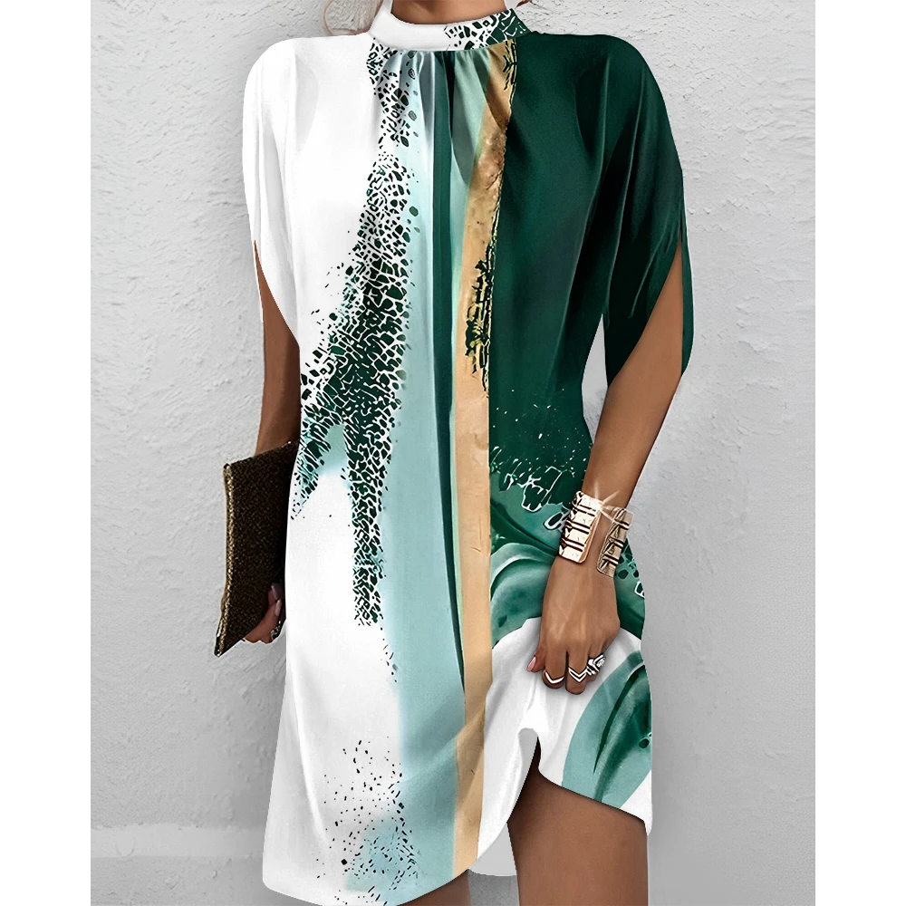

Women Summer Elegant Tie Dye Print Mock Neck Short Sleeve Dress Lady half Sleeve Casual Mini Dress Streetwear Elegant
