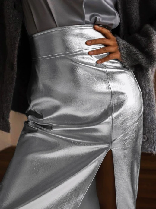 

Women's Clothing Elegant Trendy Underclothes 2023 Latest Silver Artificial Leather Technology Sense High Waist Tight Split Skirt